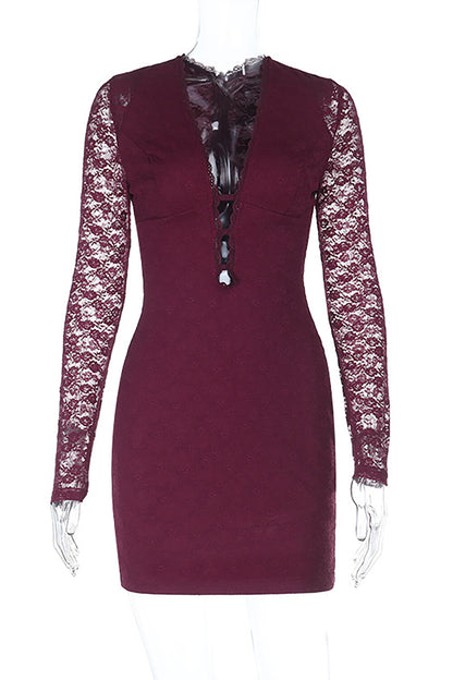 Lace Deep V Neck Long Sleeve Bodycon Mini Dresses-Burgundy