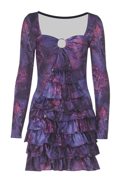 Mixed Print Long Sleeve Layered Ruffled Hem Mini Dresses-Purple