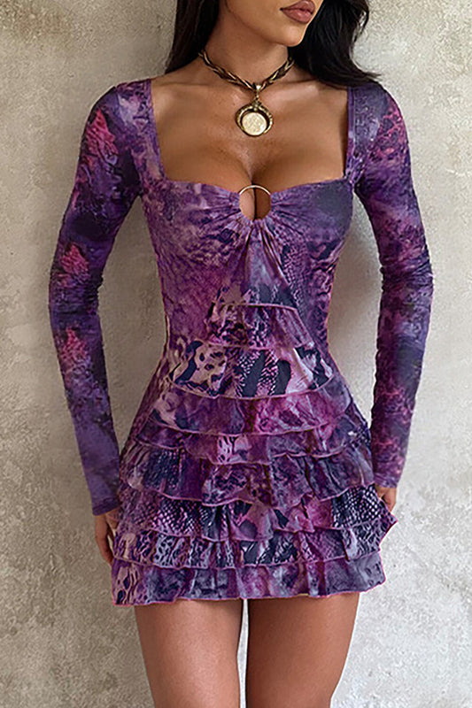 Mixed Print Long Sleeve Layered Ruffled Hem Mini Dresses-Purple