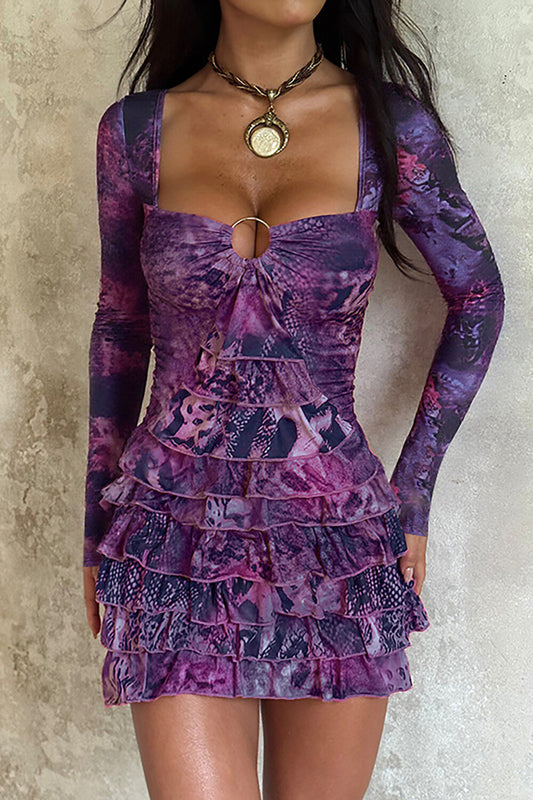 Mixed Print Long Sleeve Layered Ruffled Hem Mini Dresses-Purple