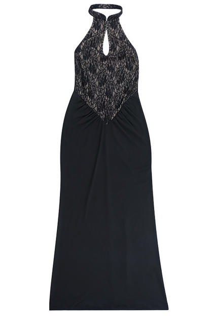 Lace Patchwork Cutout Bodycon Halter Neck Maxi Dresses-Black