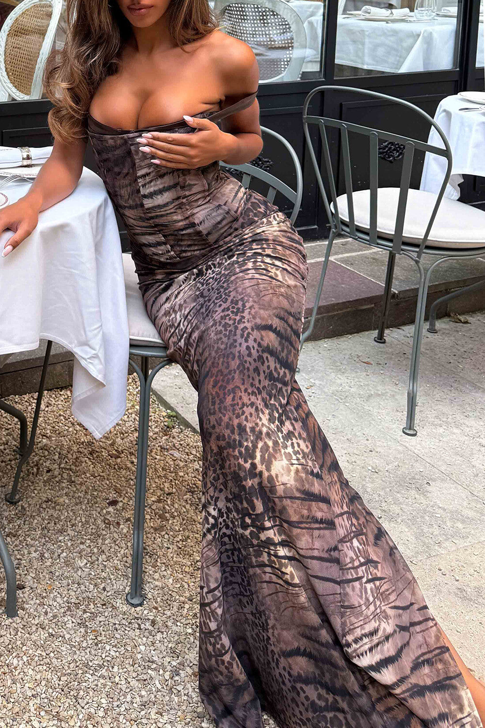 Leopard Mixed Print Corset Design Slim Fit Slip Maxi Dresses-Brown [Pre Order]