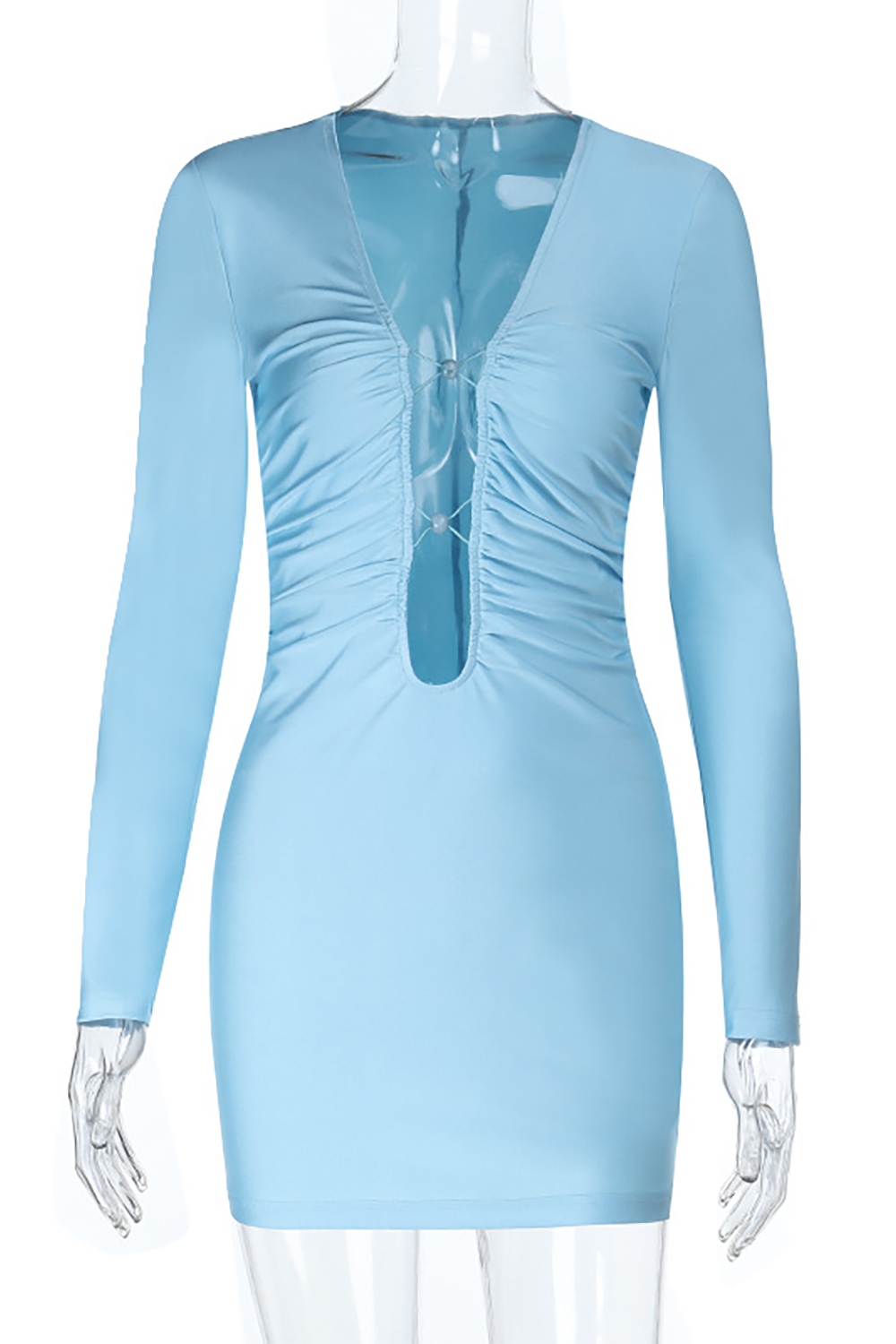 Deep V Neck Long Sleeve Ruched Solid Color Bodycon Mini Dresses-Blue