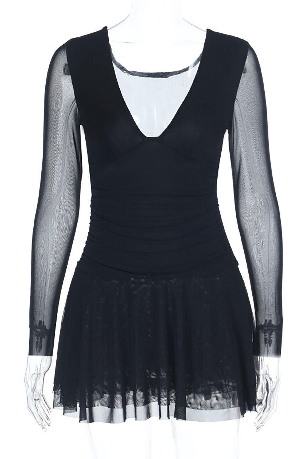 Deep V Neck Mesh Patchwork Long Sleeve Solid Color Mini Dresses-Black