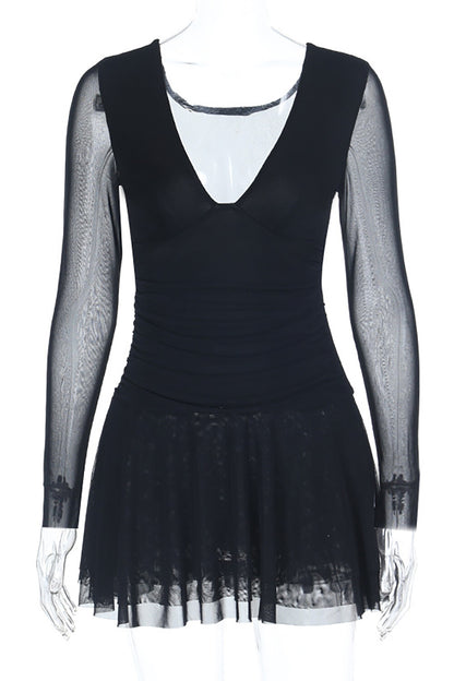 Deep V Neck Mesh Patchwork Long Sleeve Solid Color Mini Dresses-Black
