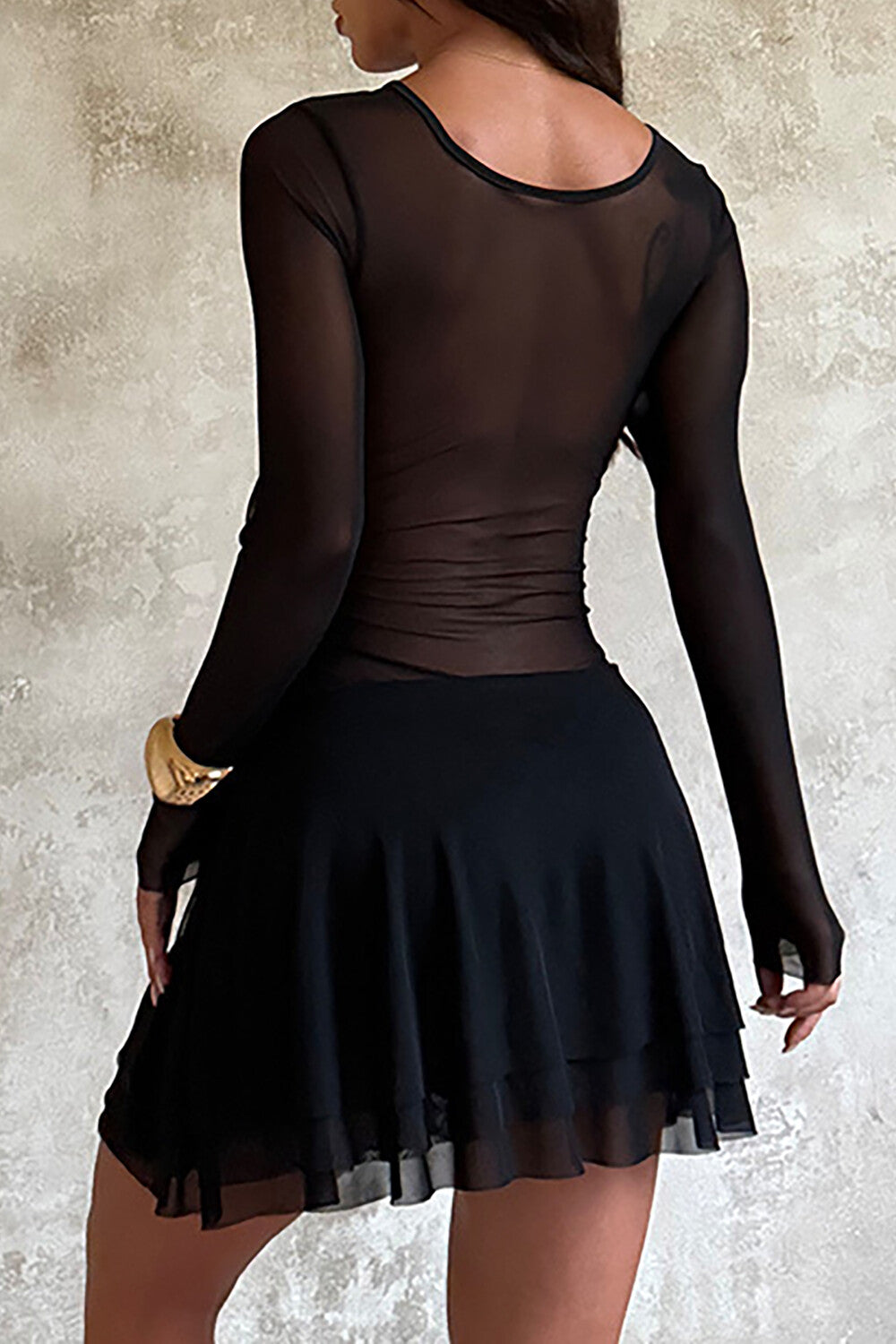Deep V Neck Mesh Patchwork Long Sleeve Solid Color Mini Dresses-Black