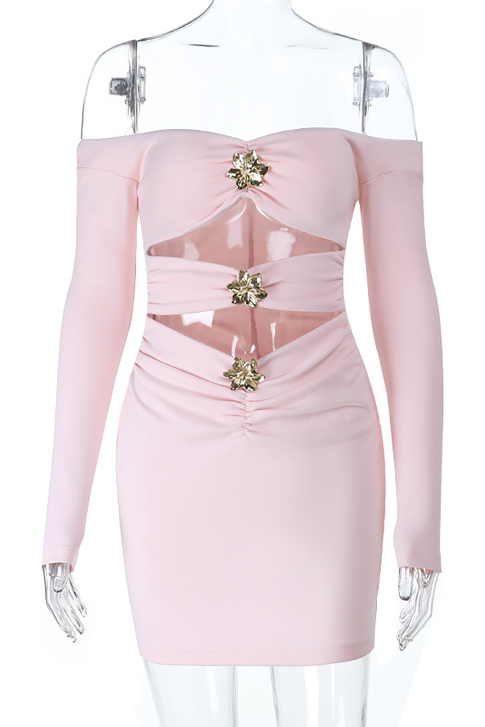 Off Shoulder Long Sleeve Cutout Metal Flower Decor Fitted Mini Dresses-Pink