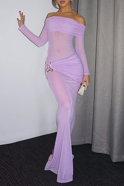 Off Shoulder Long Sleeve See Through Mesh Ruched Slim Fit Maxi Dresses-Purple