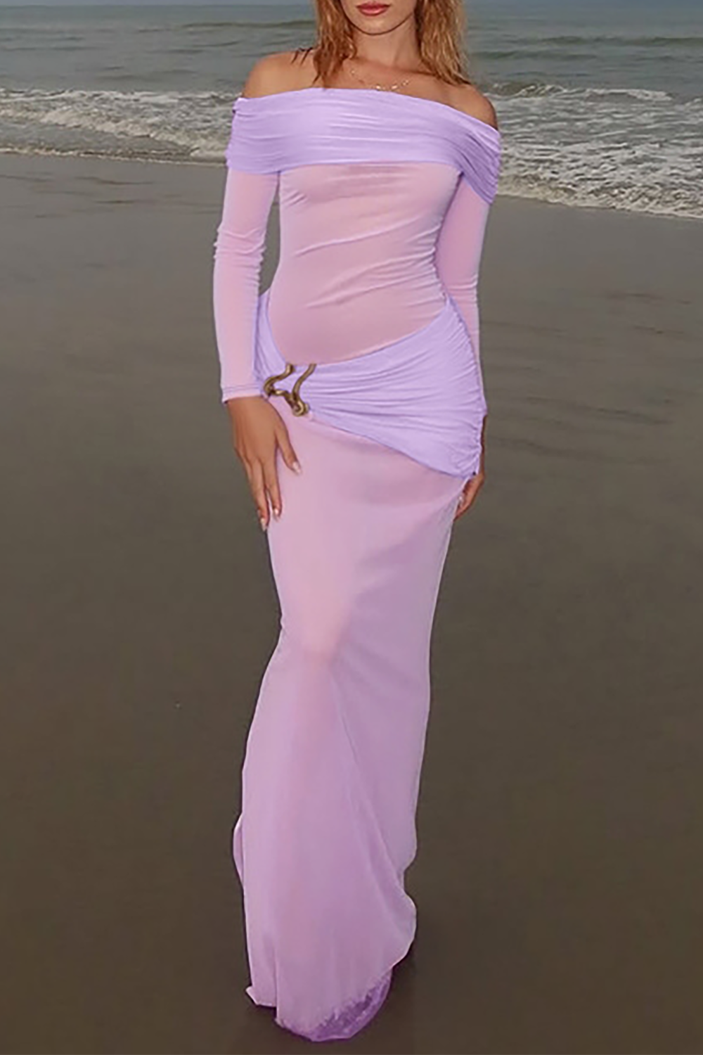 Off Shoulder Long Sleeve See Through Mesh Ruched Slim Fit Maxi Dresses-Purple