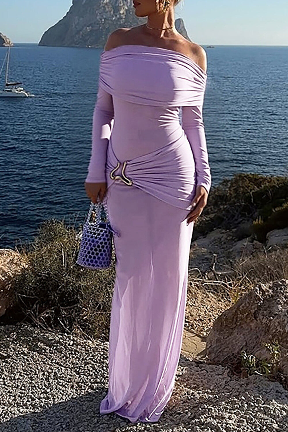 Off Shoulder Long Sleeve See Through Mesh Ruched Slim Fit Maxi Dresses-Purple
