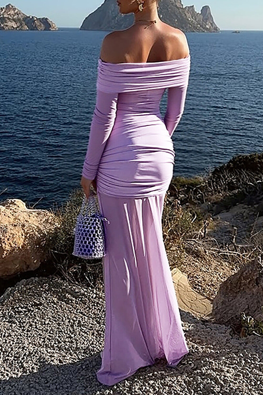 Off Shoulder Long Sleeve See Through Mesh Ruched Slim Fit Maxi Dresses-Purple