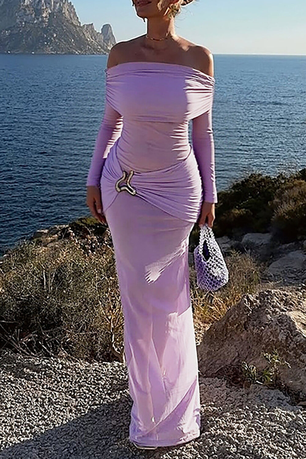 Off Shoulder Long Sleeve See Through Mesh Ruched Slim Fit Maxi Dresses-Purple