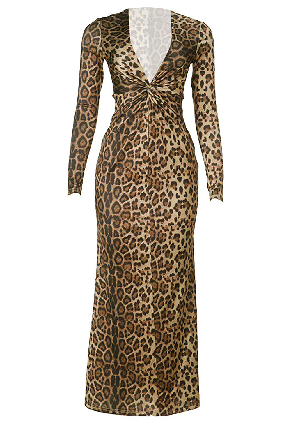 Plunge Neck Long Sleeve Leopard Print Bodycon Maxi Dresses-LightBrown