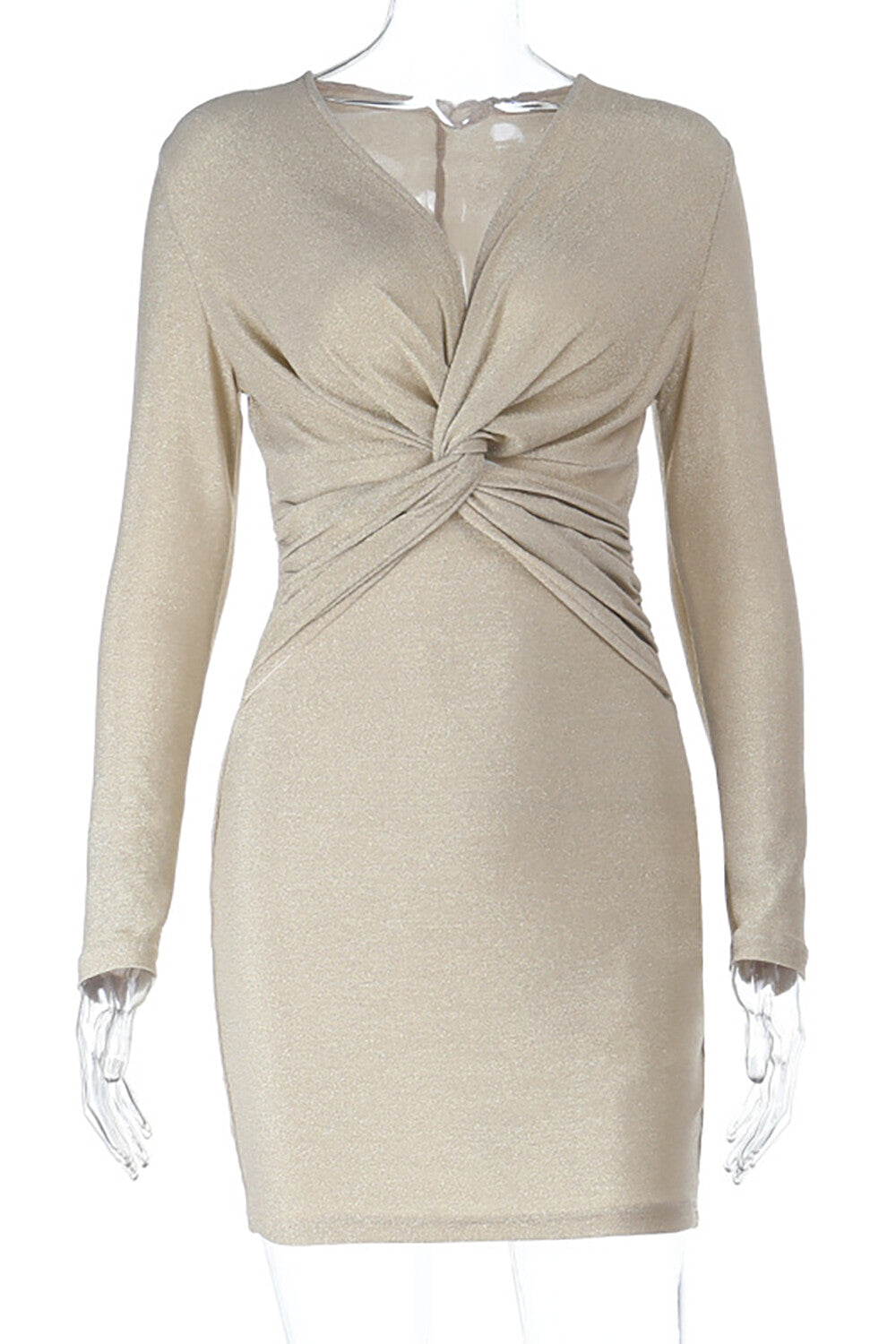 V Neck Long Sleeve Twisted Ruched Shimmering Slim Fit Mini Dresses-Khaki