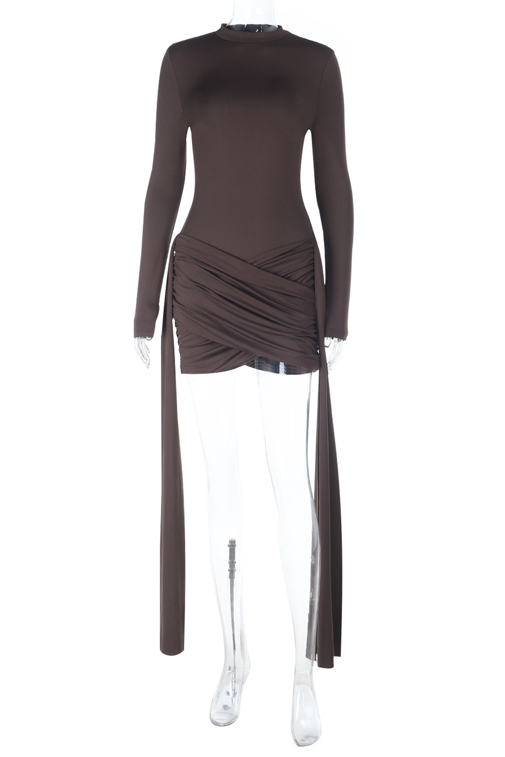 Solid Color Long Sleeve Ruched Bodycon Side Streamer-Brown