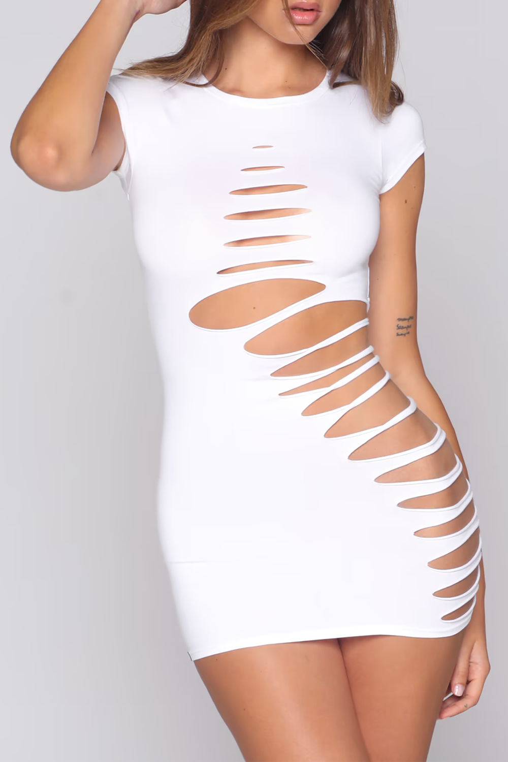 Round Neck Short Sleeve Cutout Bodycon Mini Dresses-White [Pre Order]