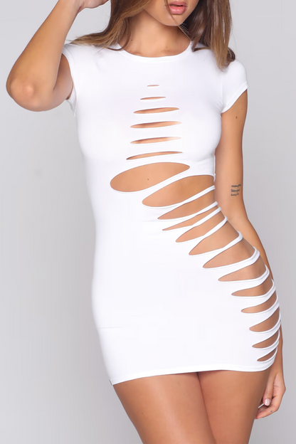 Round Neck Short Sleeve Cutout Bodycon Mini Dresses-White [Pre Order]