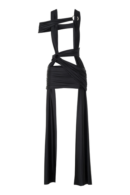 Asymmetrical Cutout Side Streamer Fitted Mini Dresses-Black [Pre Order]