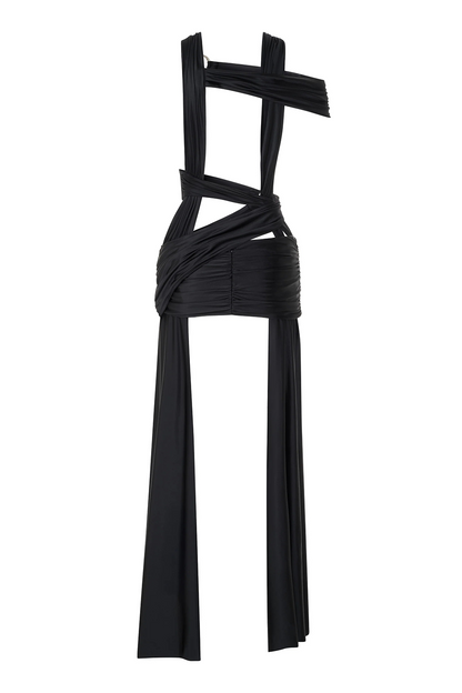 Asymmetrical Cutout Side Streamer Fitted Mini Dresses-Black [Pre Order]