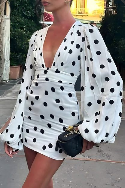Polka Dot Print Plunge Neck Lantern Sleeve Fitted Mini Dresses-White