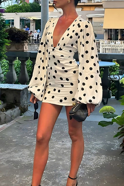 Polka Dot Print Plunge Neck Lantern Sleeve Fitted Mini Dresses-White