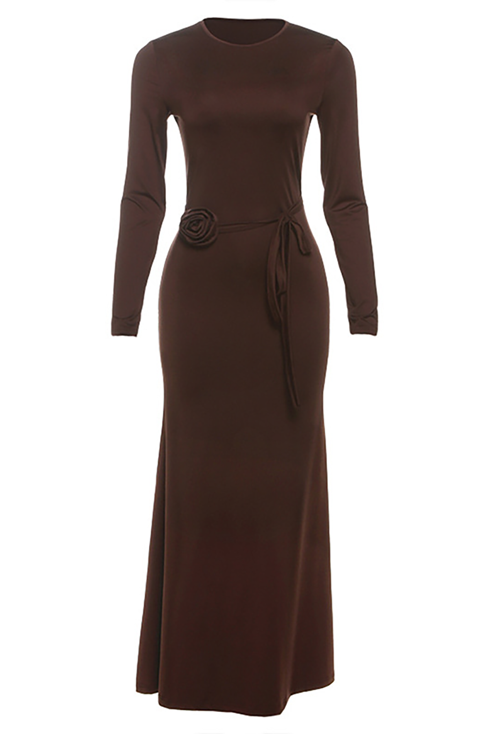 Round Neck Long Sleeve 3D Flower Decor Tie Up Slim Fit Maxi Dresses-Brown