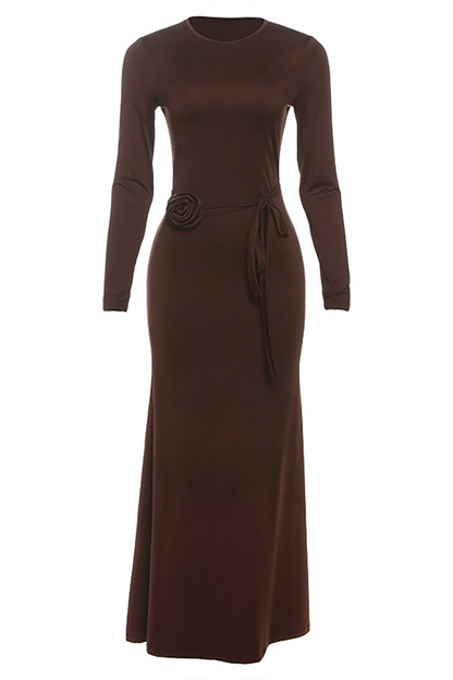 Round Neck Long Sleeve 3D Flower Decor Tie Up Slim Fit Maxi Dresses-Brown