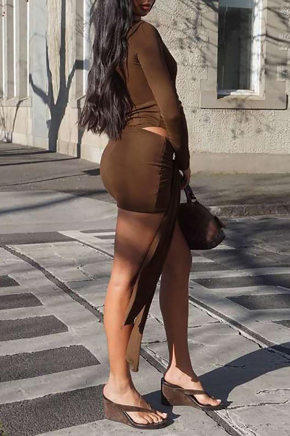 Solid Color Long Sleeve Bodysuit Tie Up Sash Mini Skirt 2pcs Set-Brown
