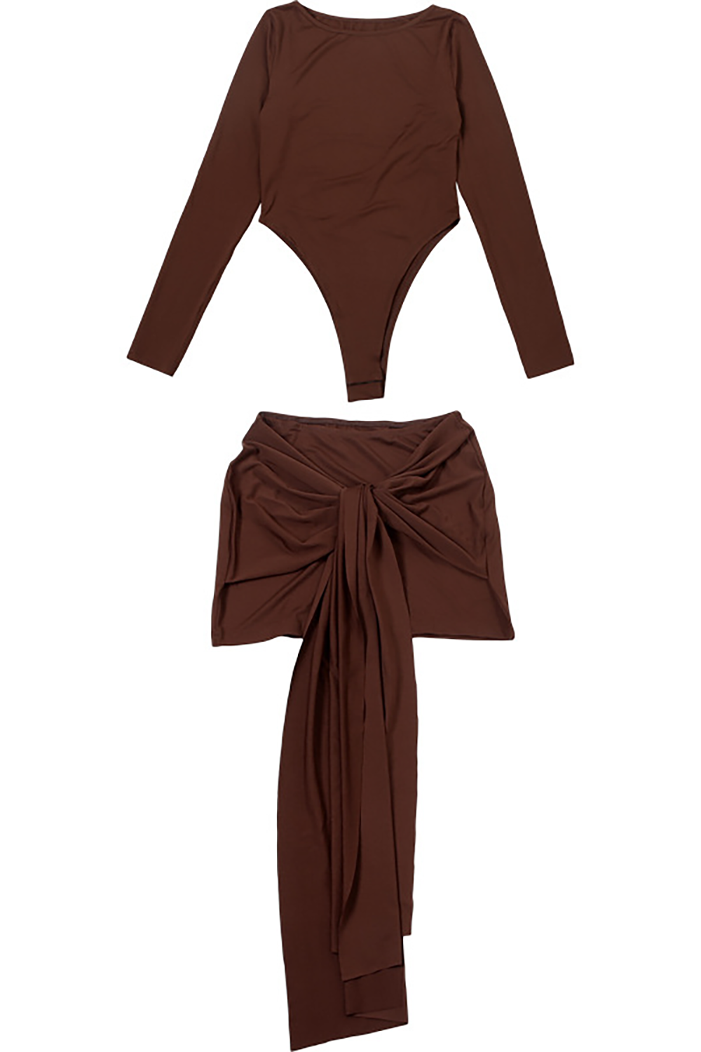 Solid Color Long Sleeve Bodysuit Tie Up Sash Mini Skirt 2pcs Set-Brown