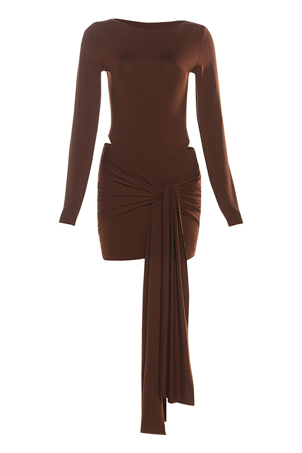Solid Color Long Sleeve Bodysuit Tie Up Sash Mini Skirt 2pcs Set-Brown