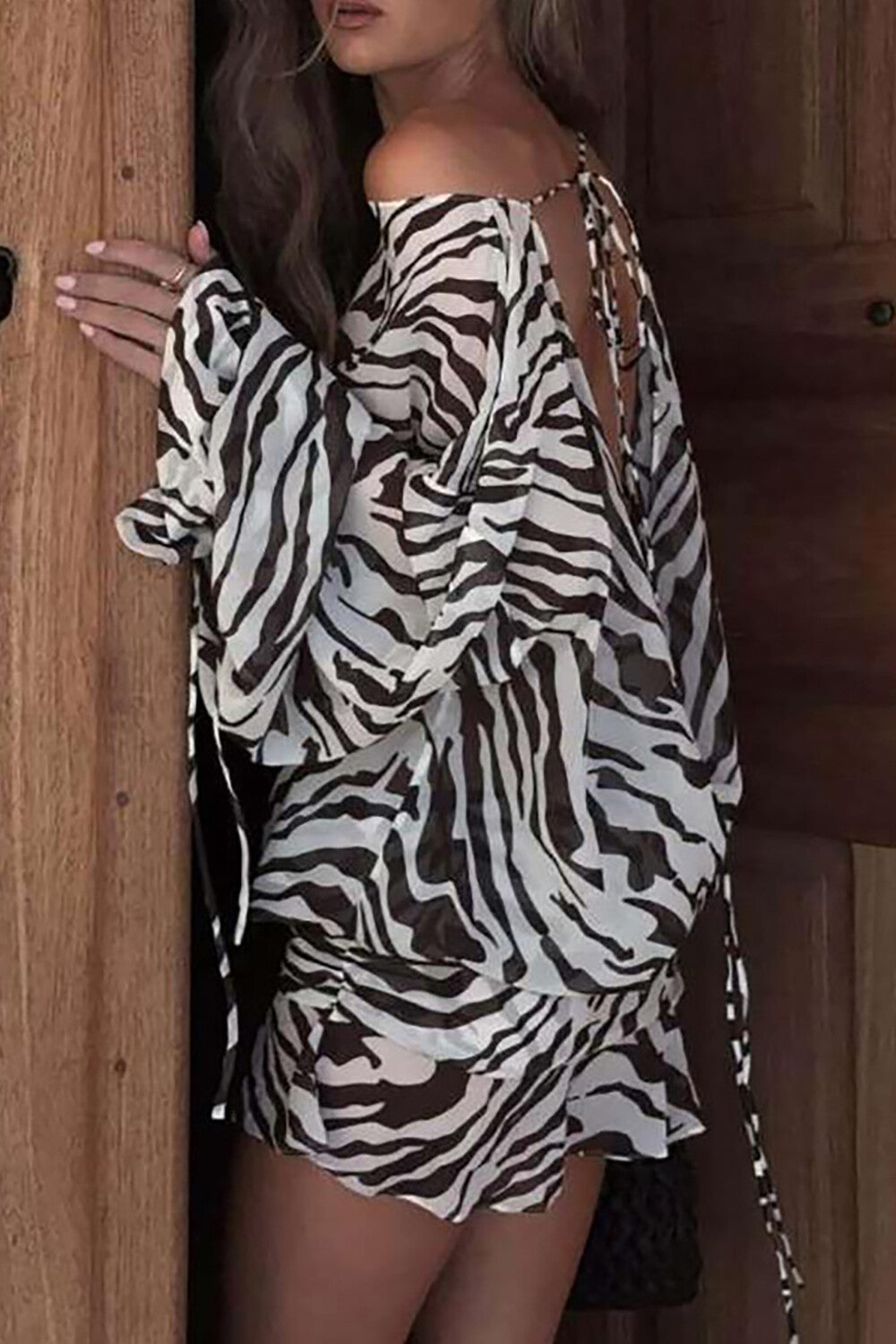 Zebra Print Off Shoulder Lantern Sleeve Mini Dresses-White