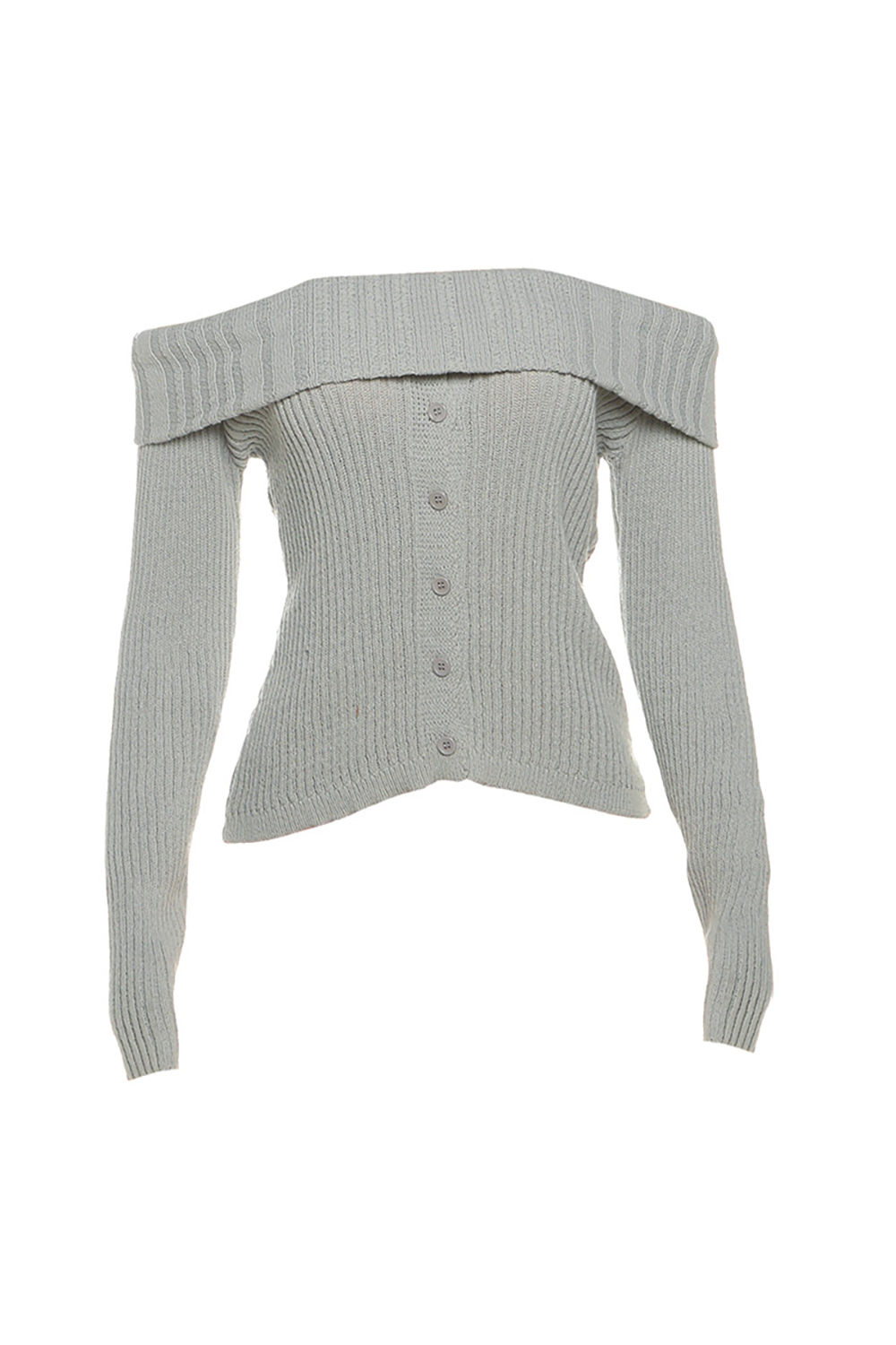 Overlay Design Off Shoulder Long Sleeve Pleated Knit Button Up Sweater-Grey