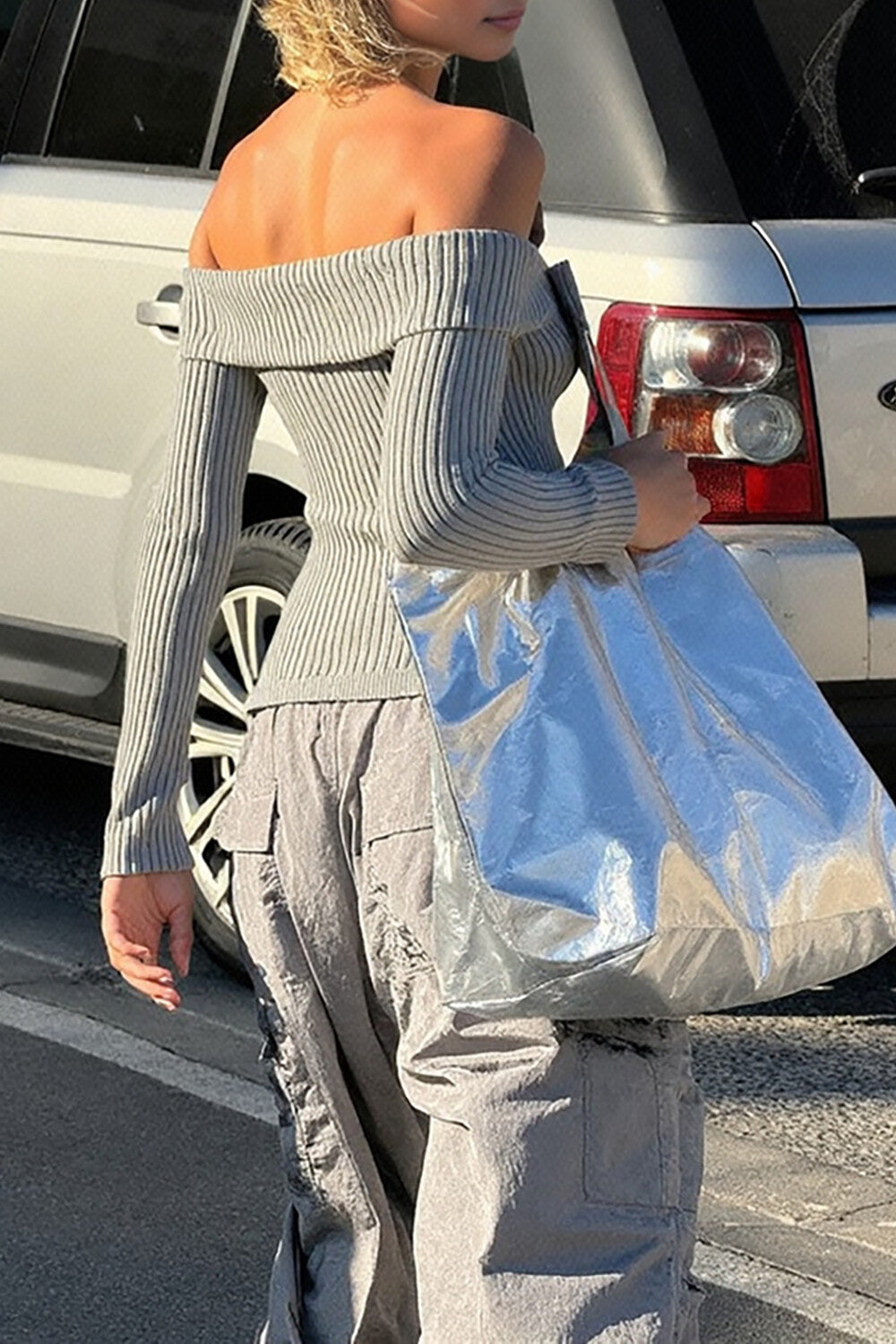 Overlay Design Off Shoulder Long Sleeve Pleated Knit Button Up Sweater-Grey
