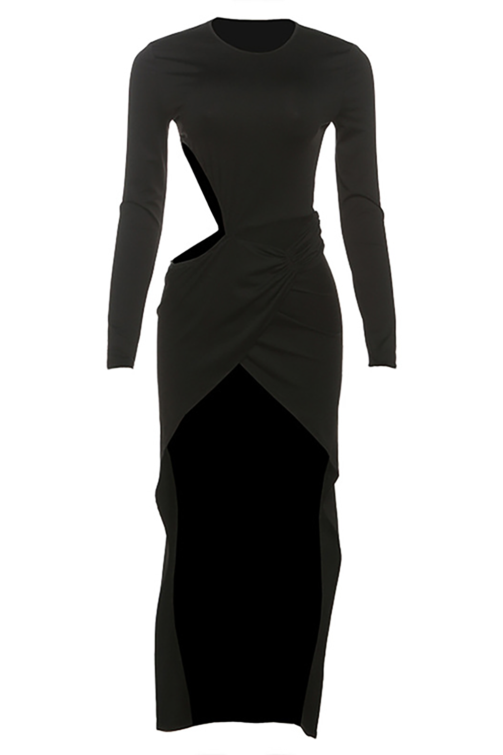 Waist Cutout Long Sleeve Ruched High-Low Hem Maxi Dresses-Black