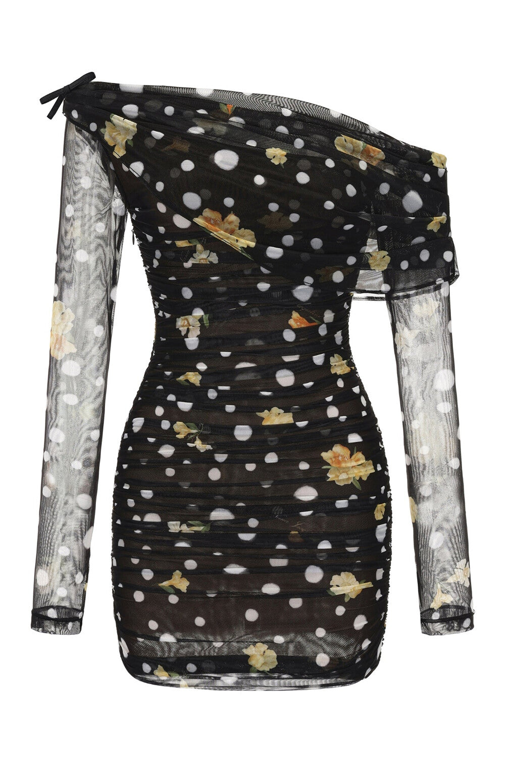 Floral Polka Dot Print Off Shoulder Mesh Fitted Mini Dresses-Black [Pre Order]