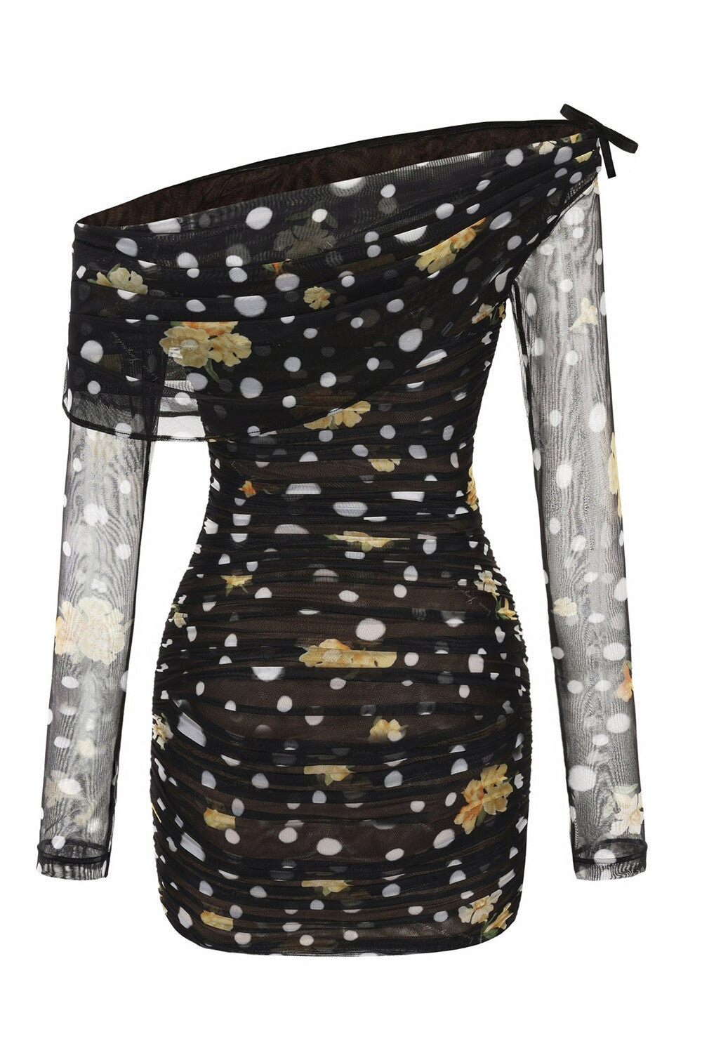 Floral Polka Dot Print Off Shoulder Mesh Fitted Mini Dresses-Black [Pre Order]