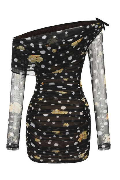Floral Polka Dot Print Off Shoulder Mesh Fitted Mini Dresses-Black [Pre Order]