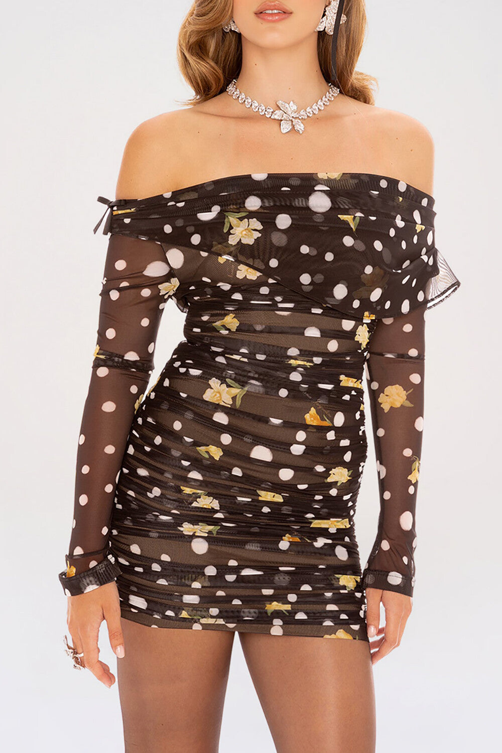 Floral Polka Dot Print Off Shoulder Mesh Fitted Mini Dresses-Black [Pre Order]