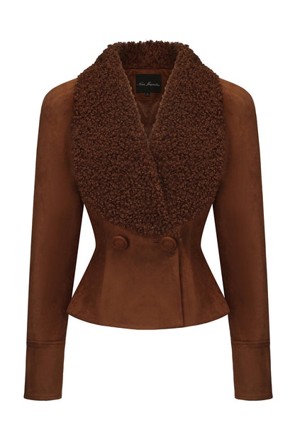 Faux Fur Patchwork Faux Suede Jacket Fitted Mini Skirt Set-Brown [Pre Order]