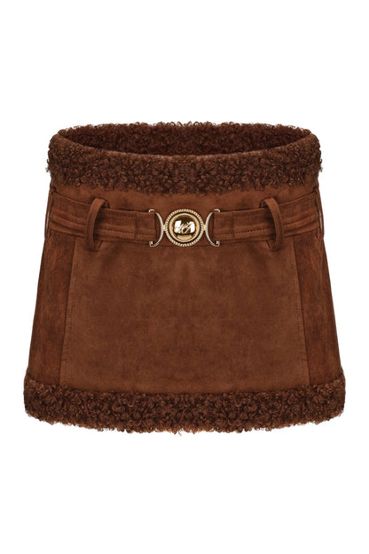 Faux Fur Patchwork Faux Suede Jacket Fitted Mini Skirt Set-Brown [Pre Order]