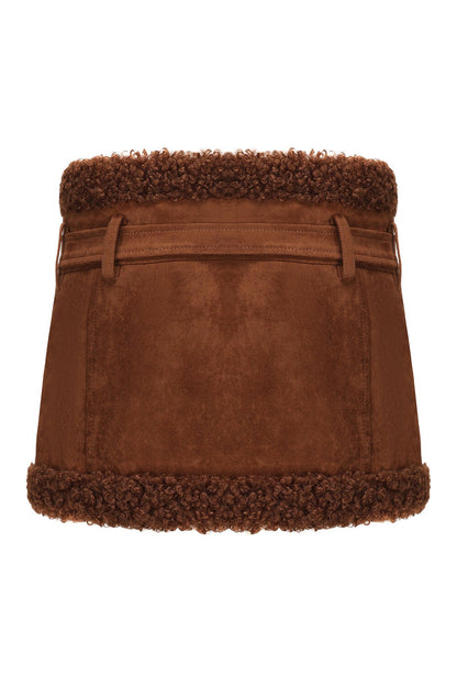 Faux Fur Patchwork Faux Suede Jacket Fitted Mini Skirt Set-Brown [Pre Order]
