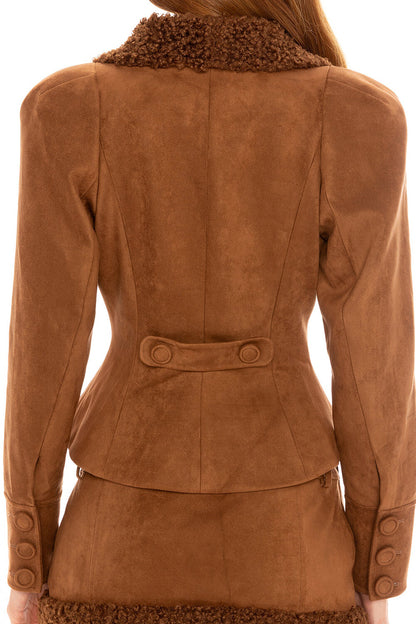 Faux Fur Patchwork Faux Suede Jacket Fitted Mini Skirt Set-Brown [Pre Order]