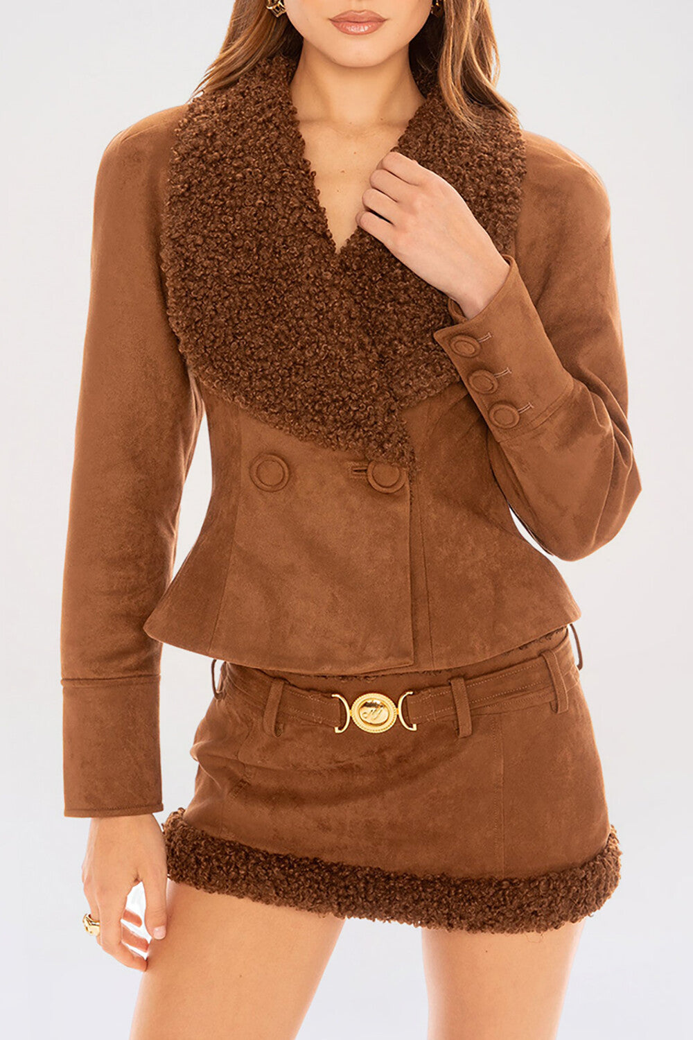 Faux Fur Patchwork Faux Suede Jacket Fitted Mini Skirt Set-Brown [Pre Order]