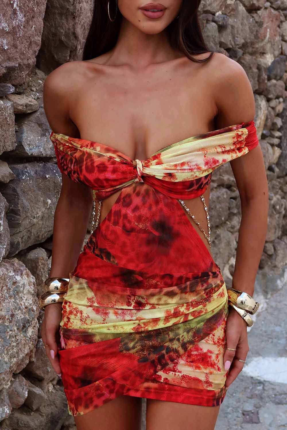 Off Shoulder Knotted Cutout Chain Animal Print Mini Dresses-Red [Pre Order]