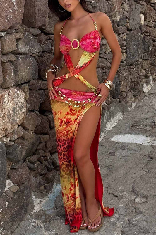 Snake Print Twisted Cutout Halter Slit Party Maxi Dresses-Red [Pre Order]