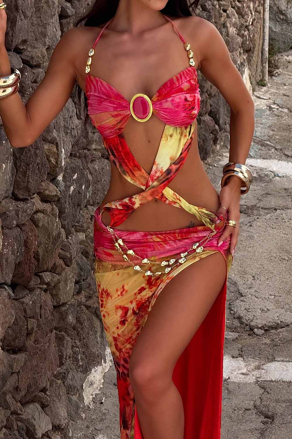 Snake Print Twisted Cutout Halter Slit Party Maxi Dresses-Red [Pre Order]