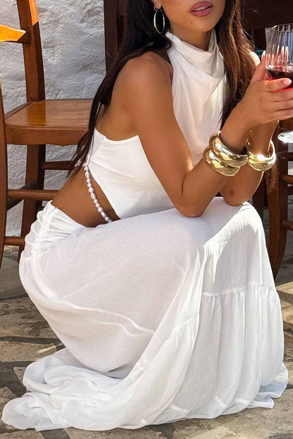Backless Hanky Hem Halter Top Maxi Skirt Vacation 2pcs Set-White [Pre Order]