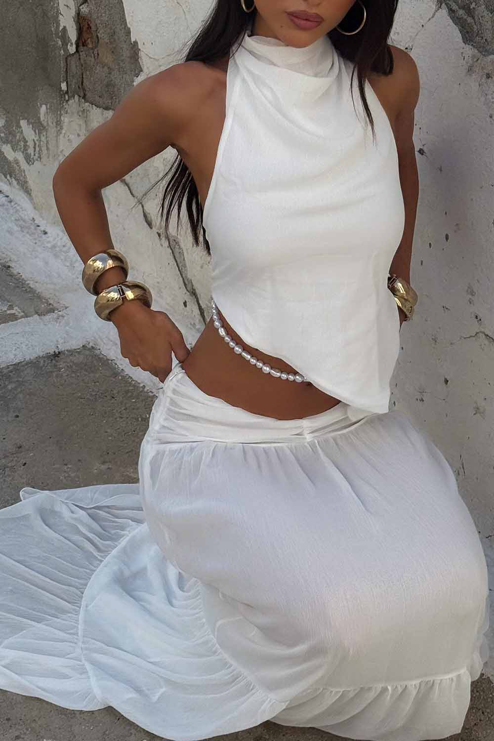 Backless Hanky Hem Halter Top Maxi Skirt Vacation 2pcs Set-White [Pre Order]
