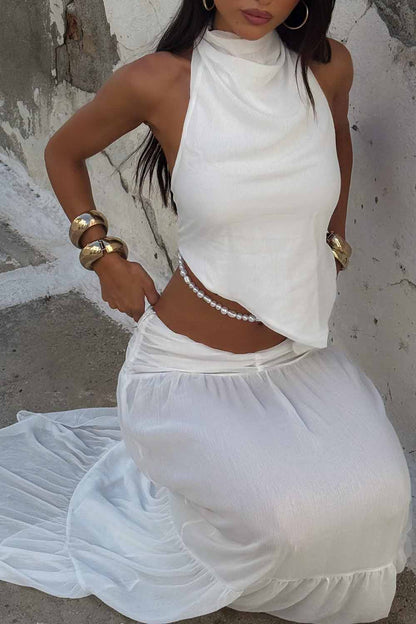 Backless Hanky Hem Halter Top Maxi Skirt Vacation 2pcs Set-White [Pre Order]